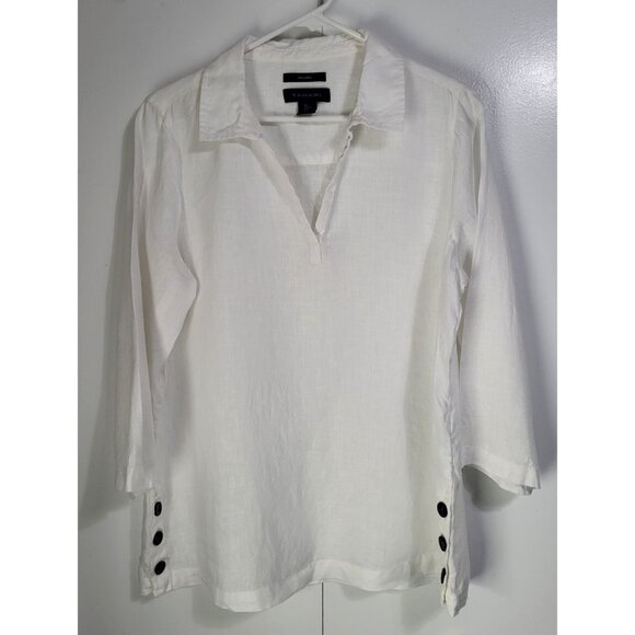 Tahari Tops - TAHARI Women's SZ LG White 100% Linen Tunic Top Blouse Beach Collared 3/4 Sleeve